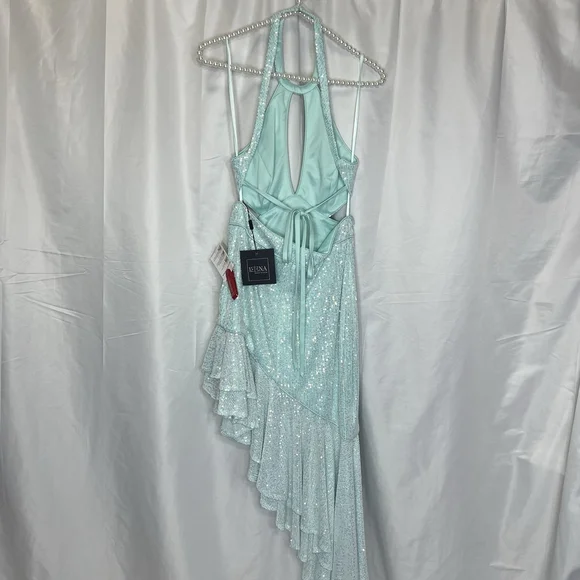 Mac Duggal A11274 Aqua Sequined Halter Cut Out Ruffle Asymmetrical Dress Size 4